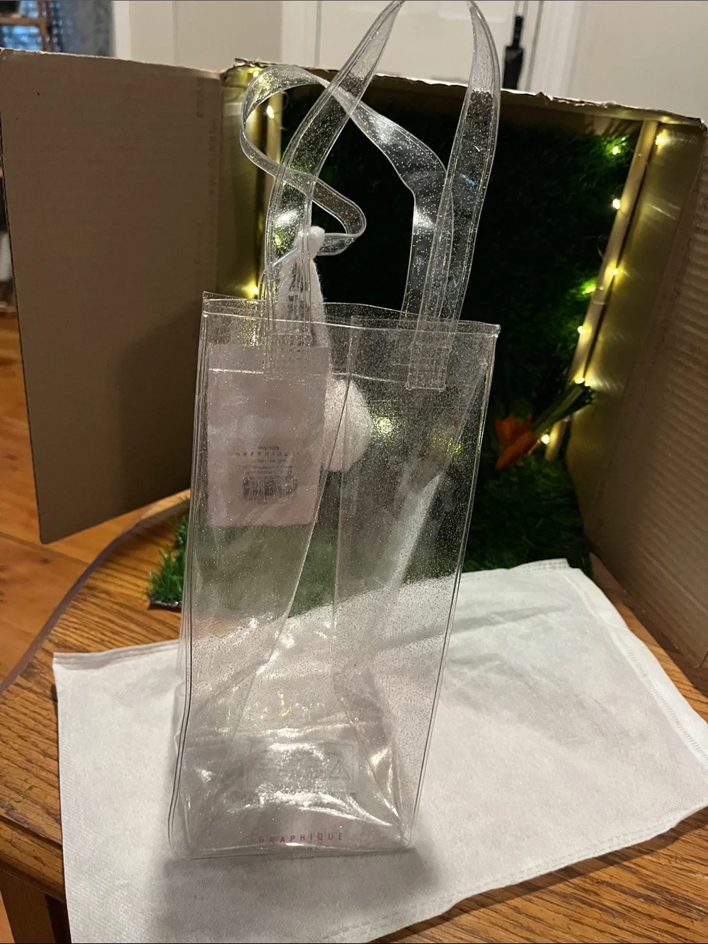 GRAPHIQUE Clear Glitter Wine Tote with Pink & White Pom Poms